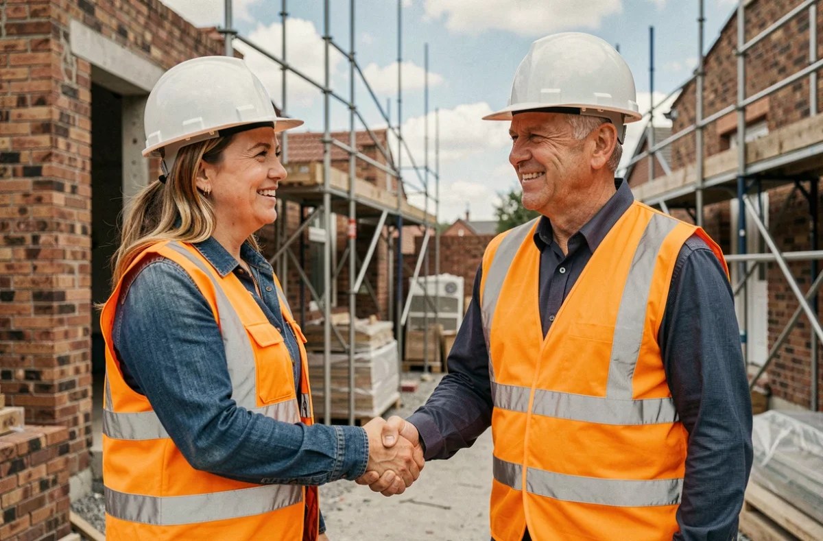 Professionnels du bâtiment se serrant la main après accord sur un chantier résidentiel