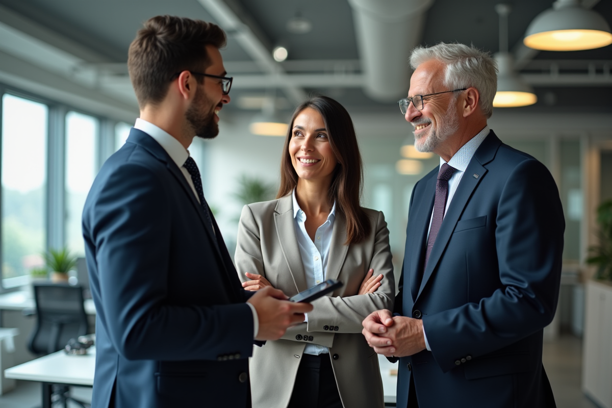 Trois professionnels en réunion dans un bureau moderne
