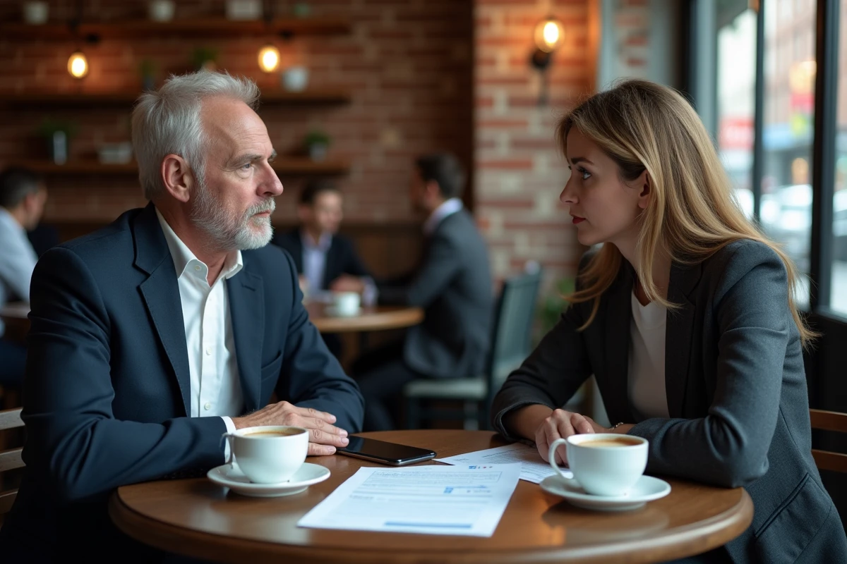 Deux professionnels de la finance discutant discrètement d'un prospectus d'investissement dans un café urbain, exprimant un scepticisme mesuré face aux informations d'une société