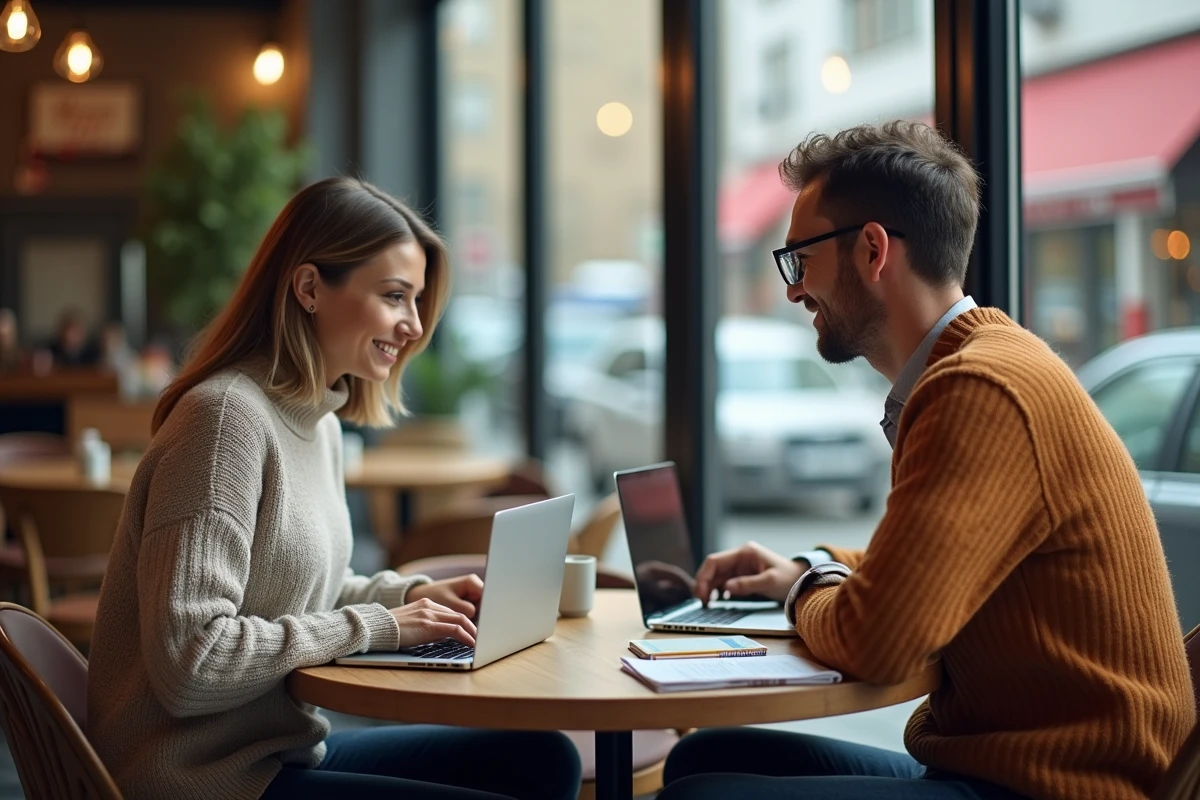 Deux professionnels discutant des fonctionnalités de création de cours et d'affiliation de Systeme.io dans un café