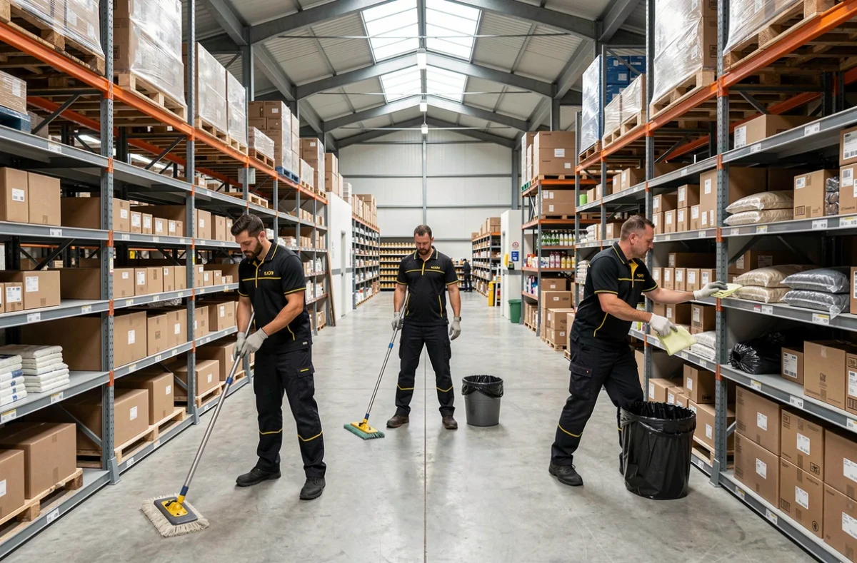 Équipe des Professionnels du Nettoyage 91 en uniforme nettoyant un grand entrepôt commercial en Essonne
