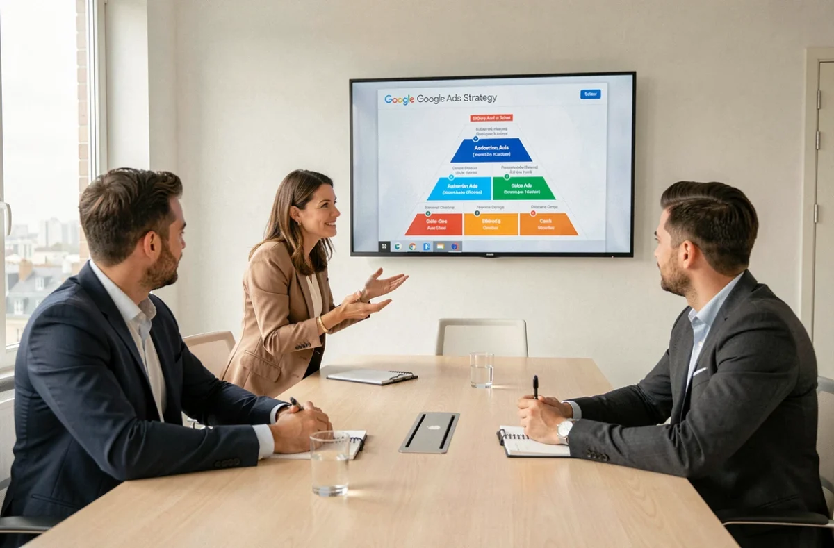 Consultante de Pyramids Digital présentant une stratégie de campagne Google Ads à son équipe