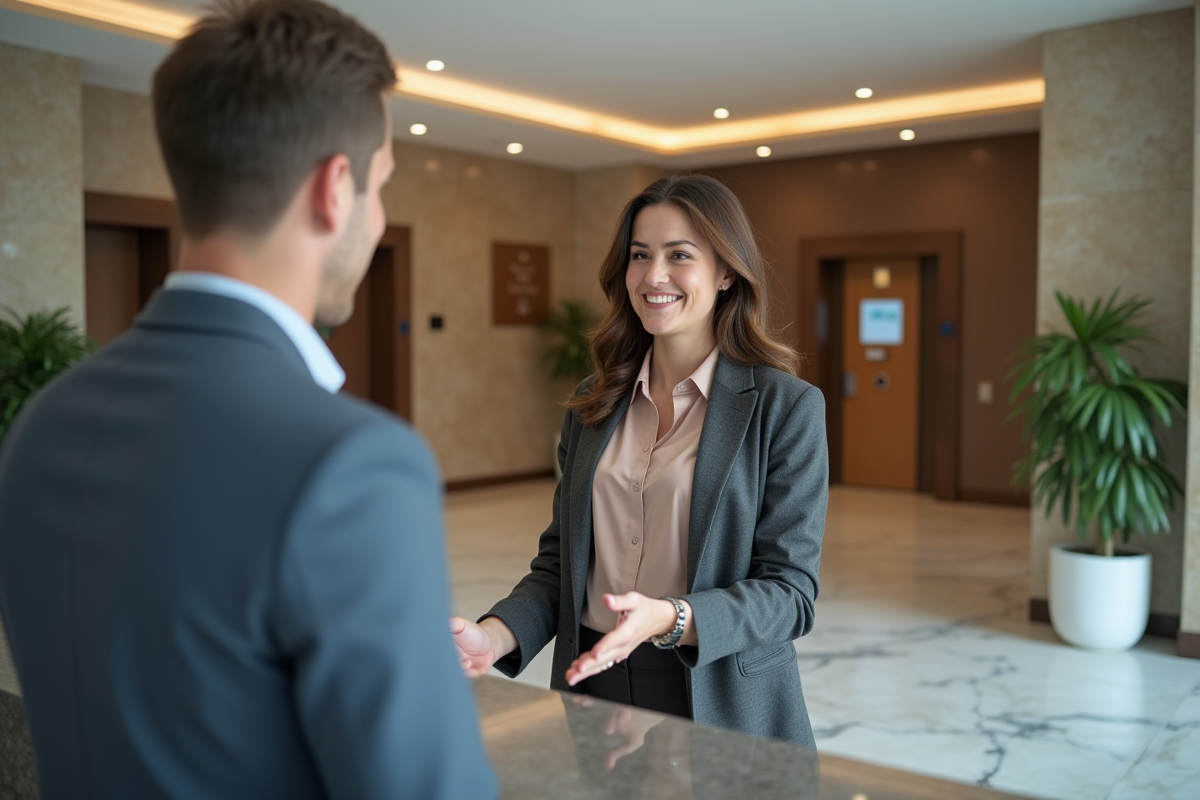 Réceptionniste accueillant un visiteur dans le lobby