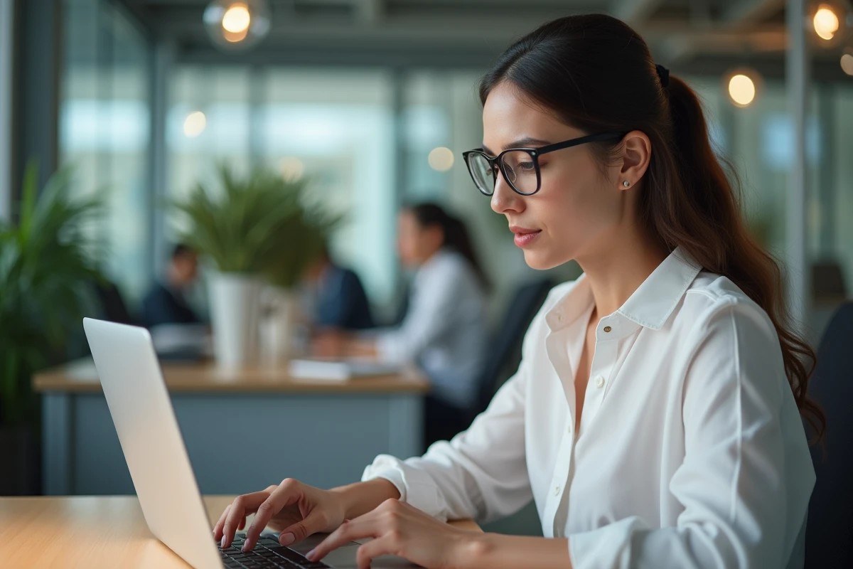 Femme consultant le registre des entreprises en liquidation judiciaire sur un ordinateur