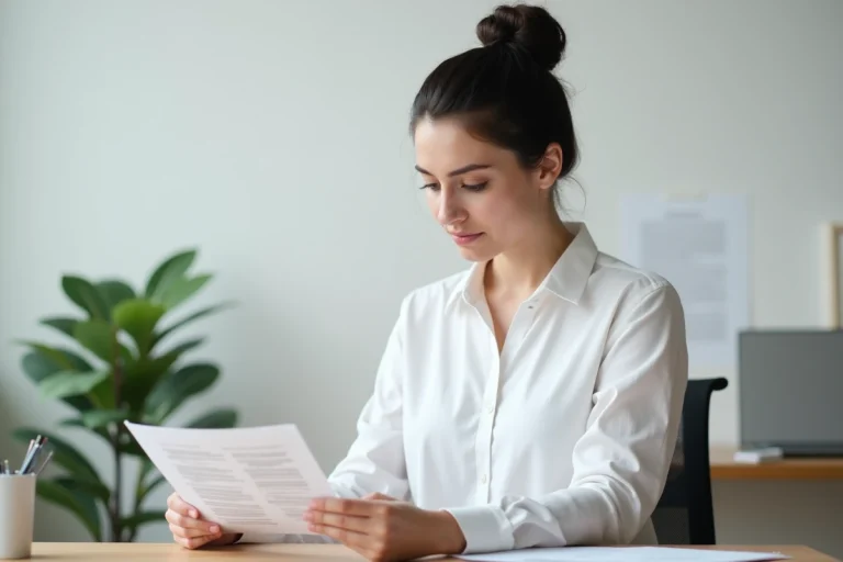 Femme professionnelle relisant des mentions légales imprimées dans un bureau moderne