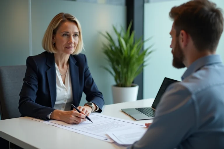 Responsable RH et employé discutant du renouvellement d'une période d'essai autour d'un contrat de travail