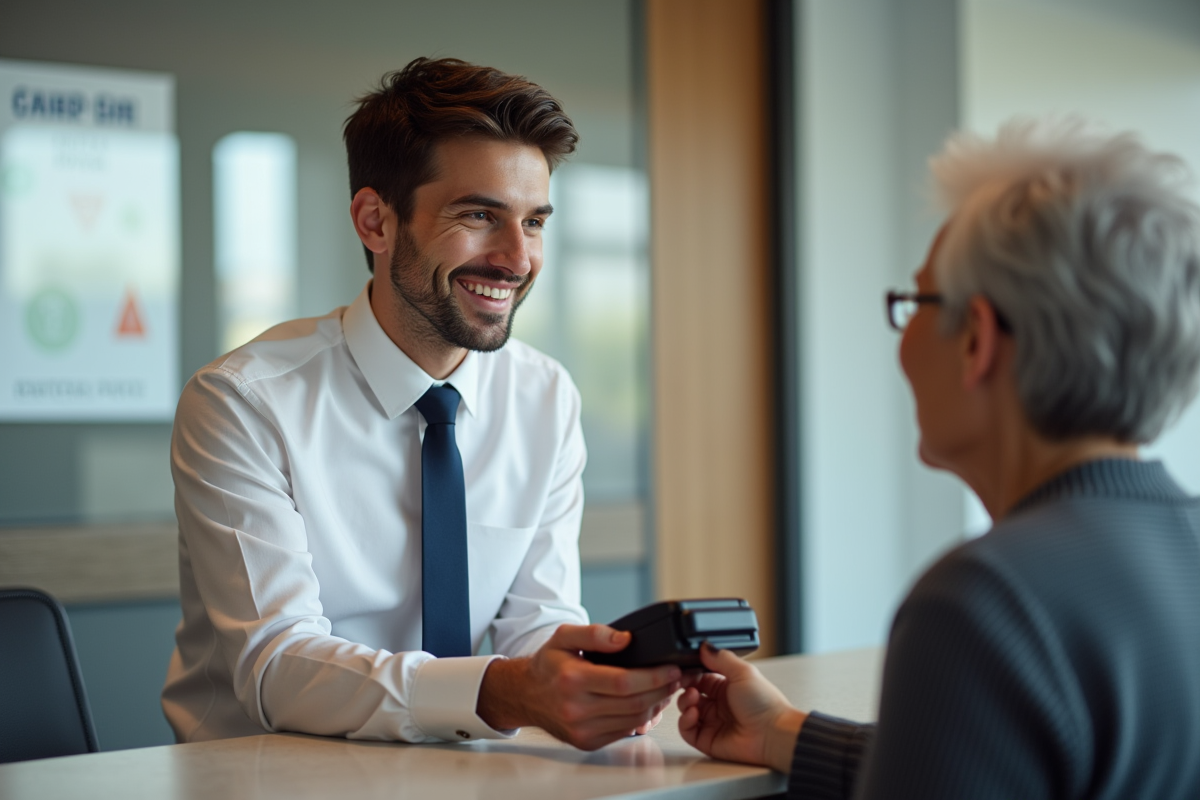Représentant de service client remettant une carte bancaire