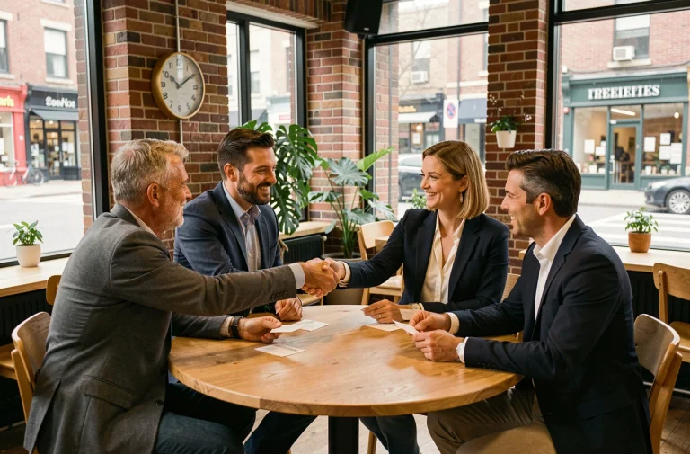 Groupe de professionnels locaux échangeant lors d'un événement de réseau d'entreprises dans un espace de coworking moderne