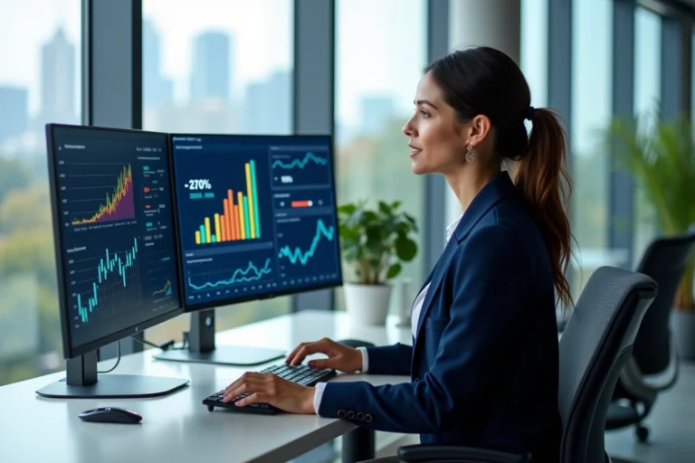 Responsable marketing analysant les performances d'un programme d'affiliation sur des écrans dans un bureau moderne