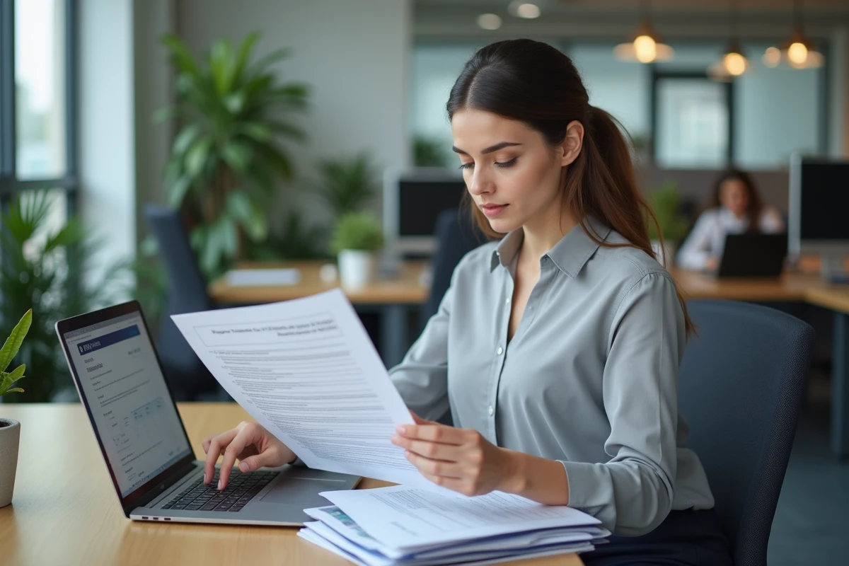 Responsable RH analysant les documents du compte professionnel de prévention dans un bureau moderne