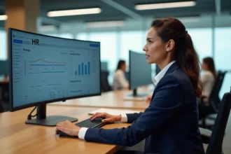 Responsable RH analysant un tableau de bord AgileTime sur grand écran dans un bureau moderne en open space