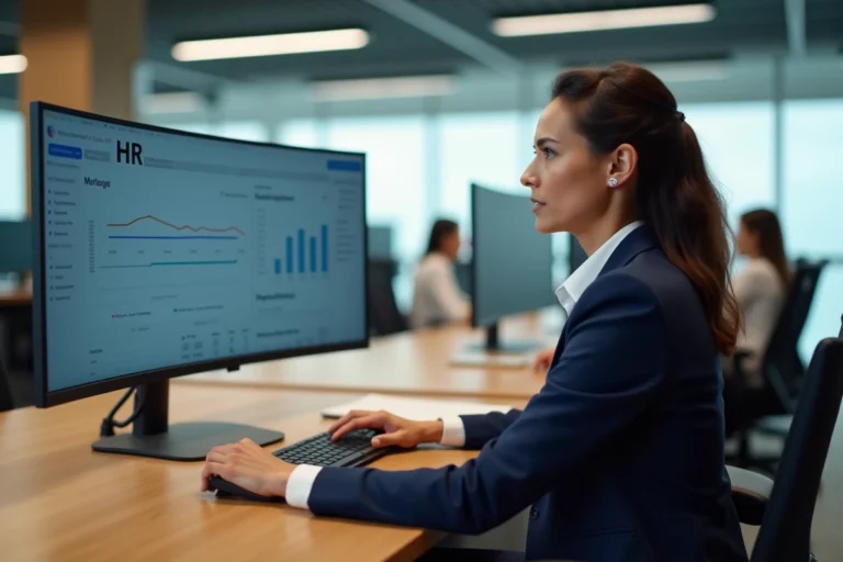 Responsable RH analysant un tableau de bord AgileTime sur grand écran dans un bureau moderne en open space