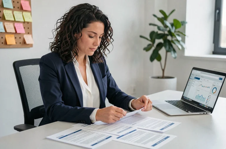 Responsable RH analysant des fiches d'évaluation de recrutement sur un bureau moderne