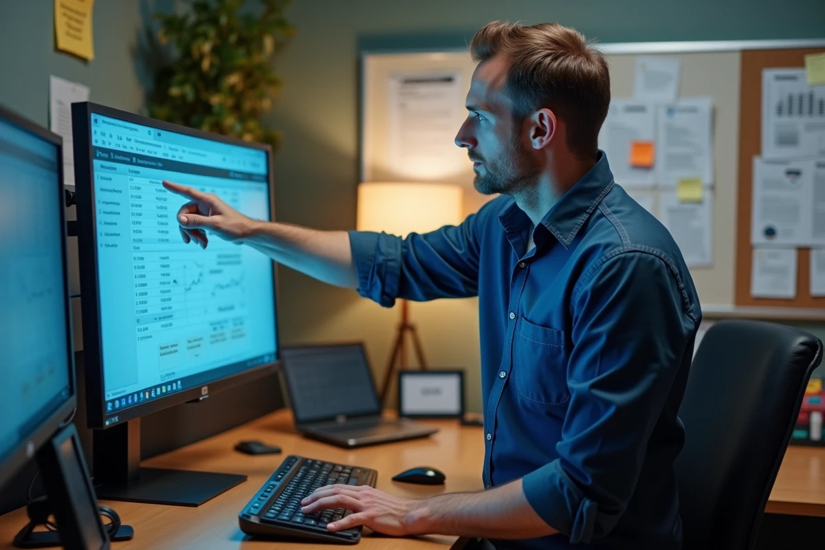 Responsable RH analysant un tableau de bord de gestion de la paie sur un écran de bureau