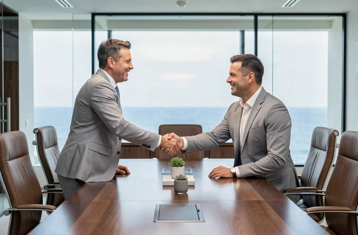 Deux professionnels signant un contrat de portage salarial lors d'une réunion d'affaires à Monaco