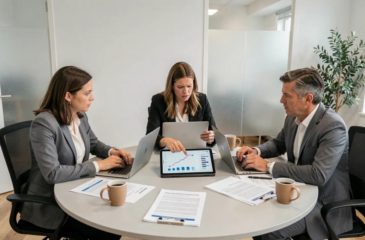 Réunion B2B de professionnels analysant des devis sans conversion dans une salle de conférence