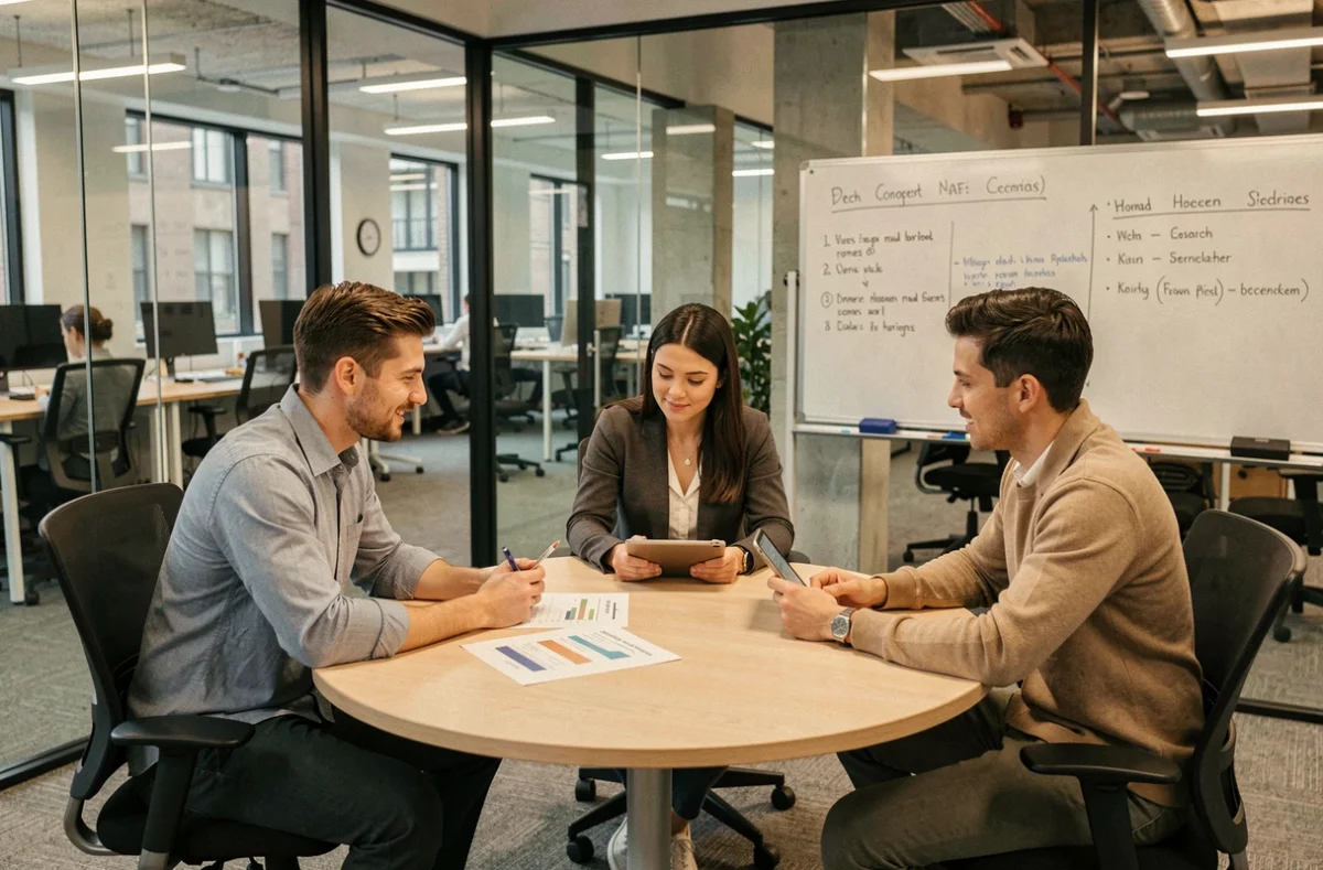 Groupe de professionnels comparant des offres de coworking lors d'une réunion dans un espace partagé