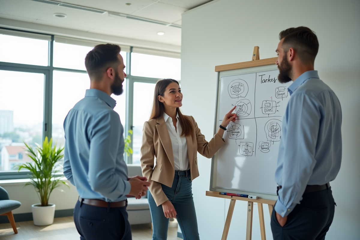 Groupe de professionnels en réunion dans un bureau lumineux