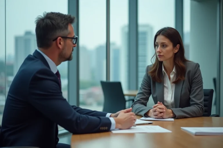 Réunion formelle entre un responsable RH et une employée lors d'une procédure de licenciement économique en entreprise