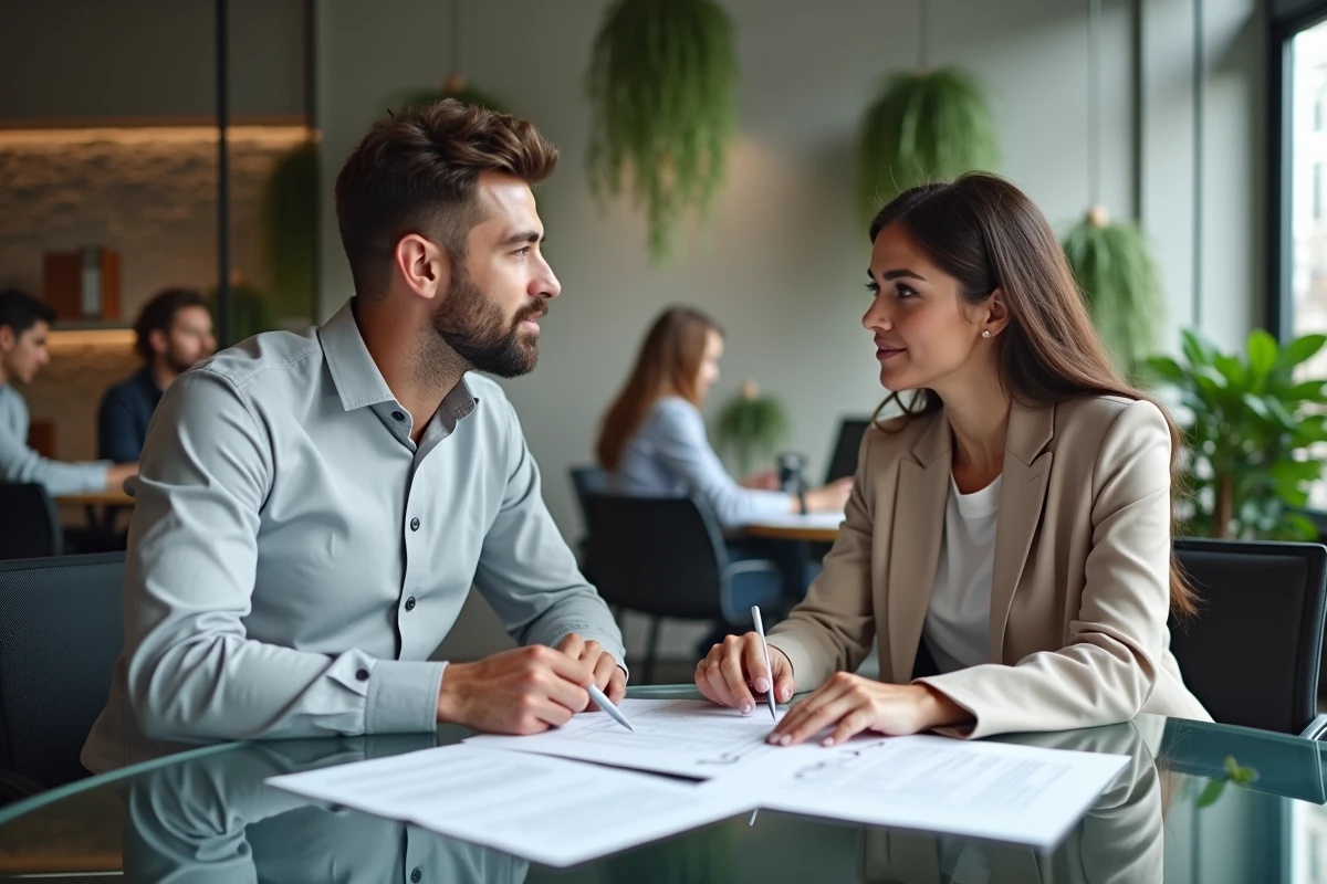 Réunion entre un micro-entrepreneur et un conseiller en assurance autour d'un contrat professionnel