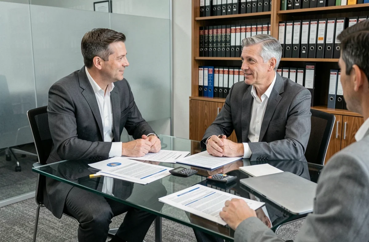 Un professionnel en portage salarial discutant de stratégie d'optimisation fiscale avec un conseiller financier dans une salle de réunion professionnelle