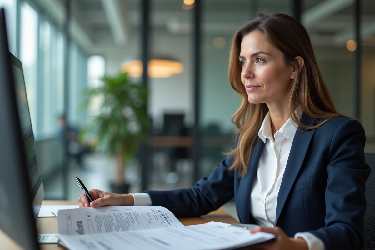 Responsable RH examinant un contrat de travail en période d'essai dans un bureau professionnel