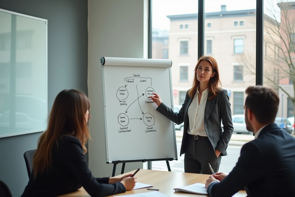 Responsable RH expliquant les types de cotisations sociales lors d'une réunion en entreprise
