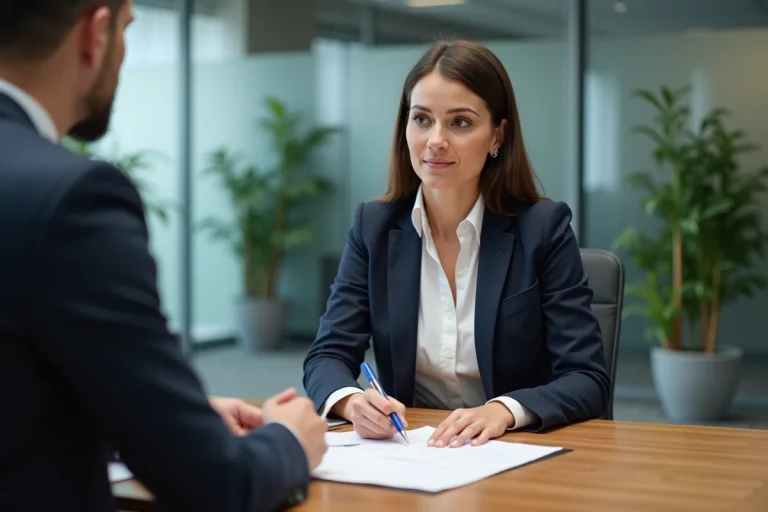 Salariée en arrêt maladie signant une rupture conventionnelle avec son responsable RH dans un bureau professionnel moderne