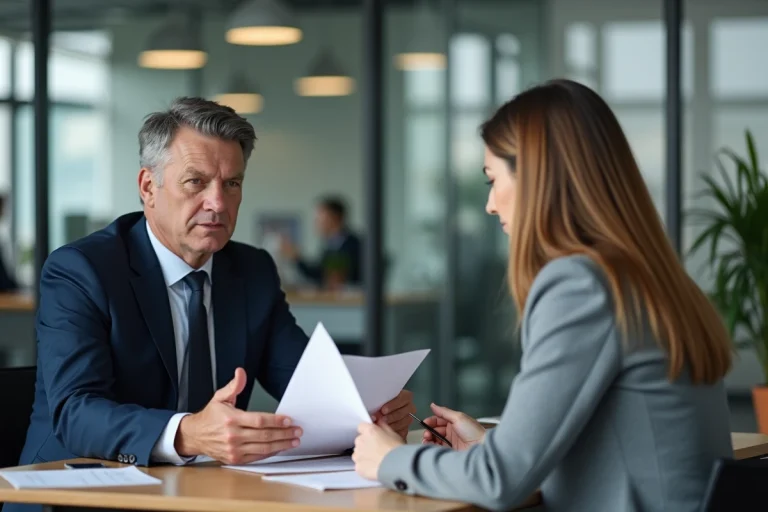 Responsable RH remettant une lettre de rupture de période d'essai à une employée dans un bureau moderne