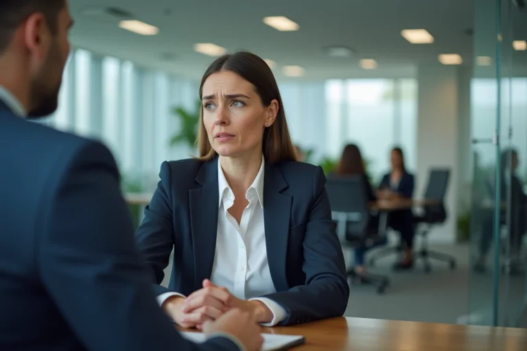 Femme en entretien avec un responsable RH lors d'une rupture de période d'essai dans un bureau moderne