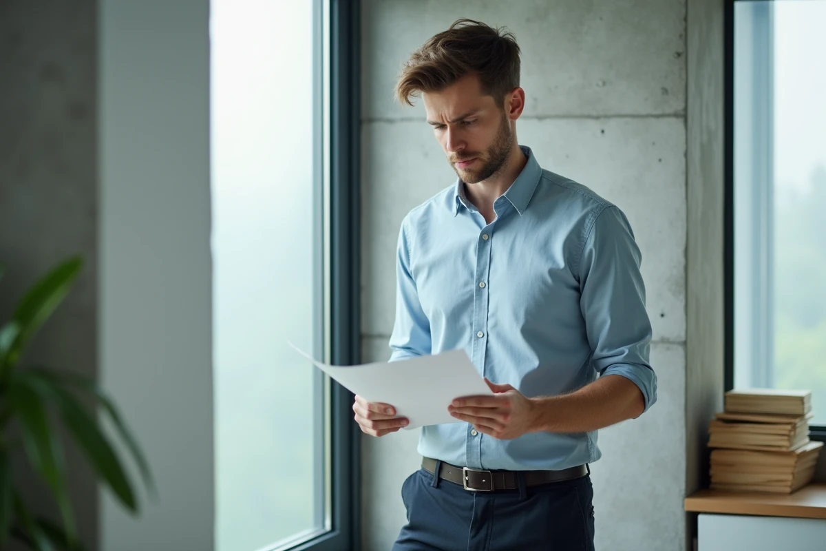 Jeune employé lisant une lettre de rupture de période d'essai dans un bureau moderne
