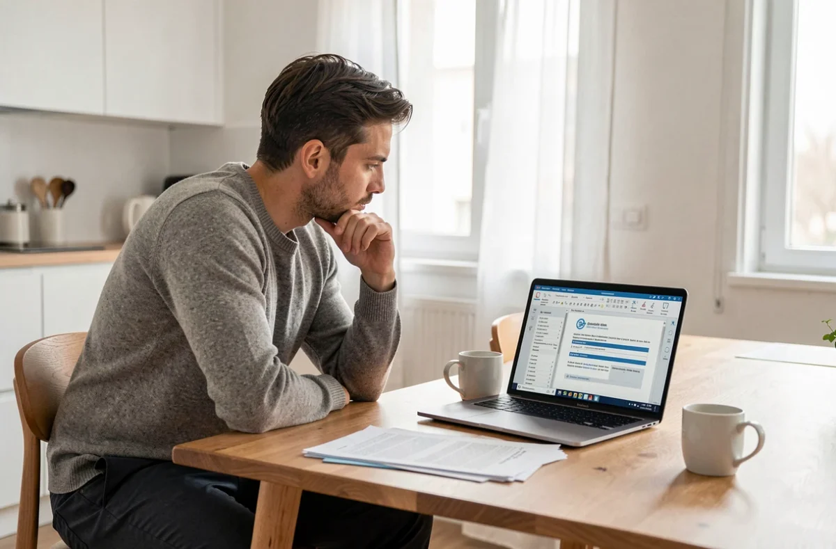 Jeune salarié en CDD consultant son contrat de travail sur ordinateur portable à domicile pour comprendre ses droits à l'indemnité de fin de contrat