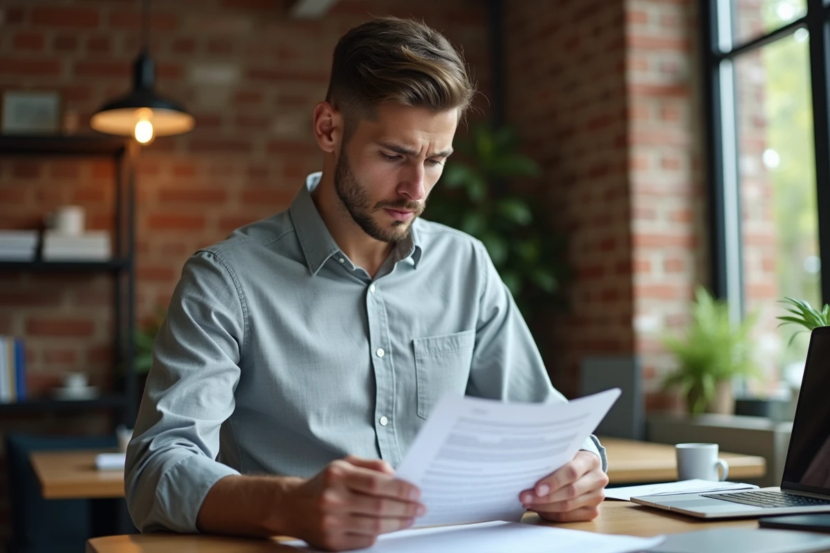 Jeune salarié lisant attentivement une clause d'exclusivité dans son contrat de travail dans un espace de coworking