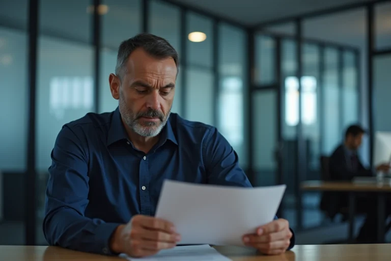 Salarié lisant attentivement un préavis de licenciement pour faute grave à son bureau