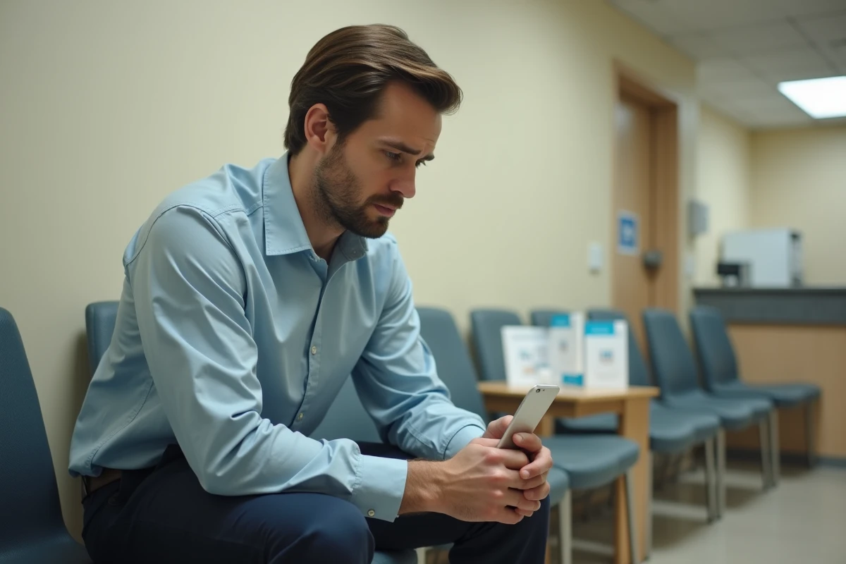 Salarié en période d'essai dans une salle d'attente médicale tenant un ticket de consultation