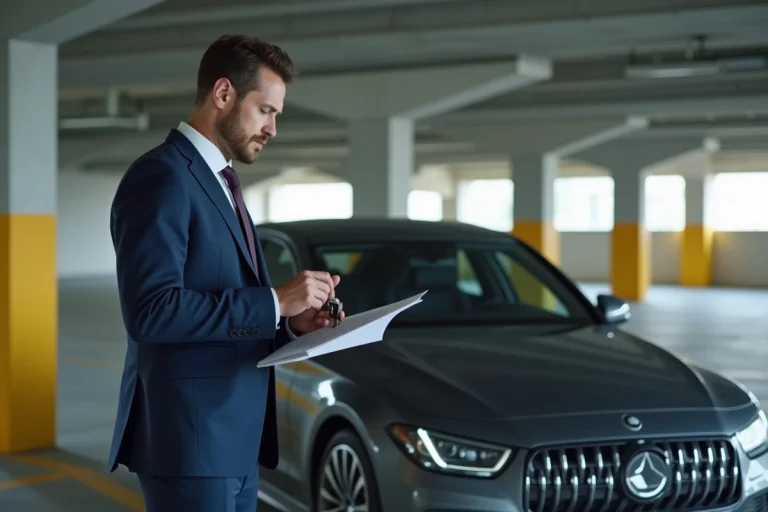 Salarié en costume tenant des clés de voiture de fonction dans un parking d'entreprise, illustrant l'avantage en nature véhicule