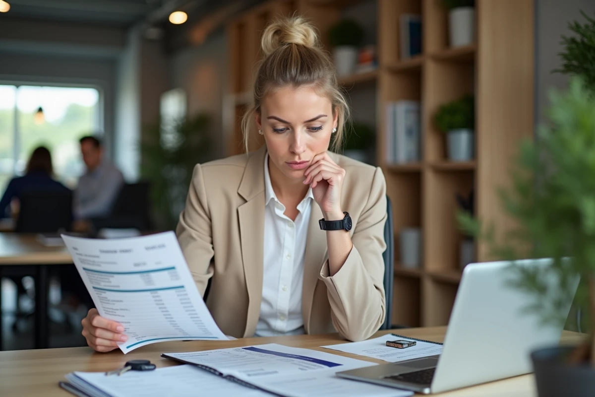 Salariée analysant sa fiche de paie et l'avantage en nature voiture de fonction à son bureau en open space