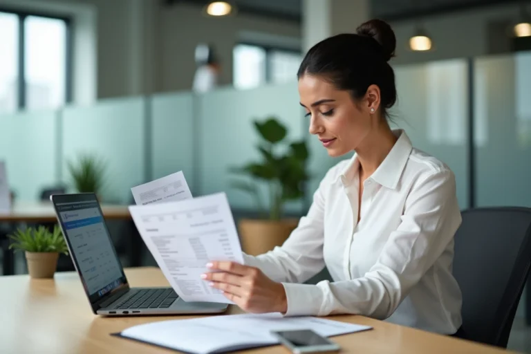 Salariée consultant ses fiches de paie sur un logiciel de paie en ligne dans un bureau moderne