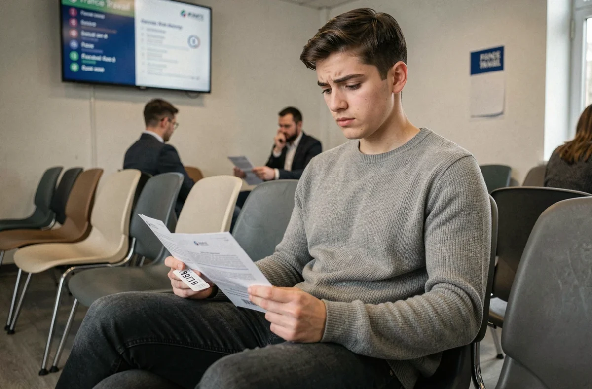 Jeune demandeur d'emploi en salle d'attente d'une agence France Travail avec ses documents