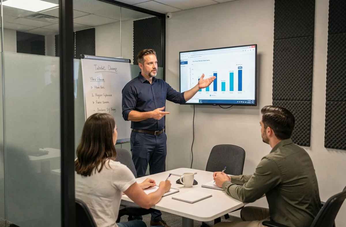 Homme présentant un projet dans une petite salle de réunion d'un espace de coworking au Mans devant des collègues attentifs
