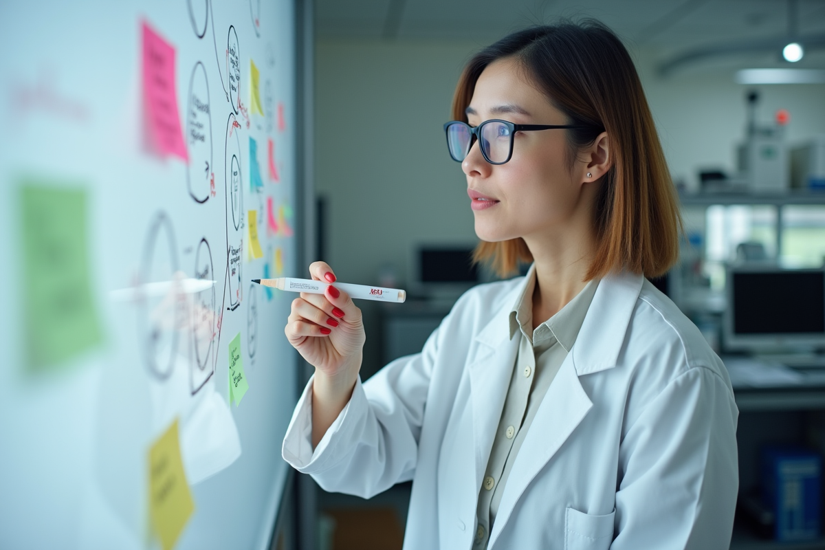 Scientifique en laboratoire avec tableau et outils de recherche