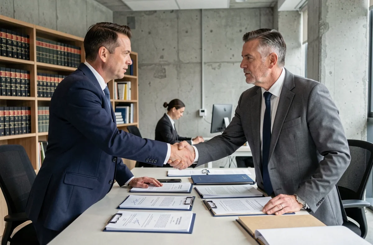 Deux dirigeants d'entreprise signant un accord de cession ou de rachat encadrés par un cabinet d'avocats spécialisé en droit commercial