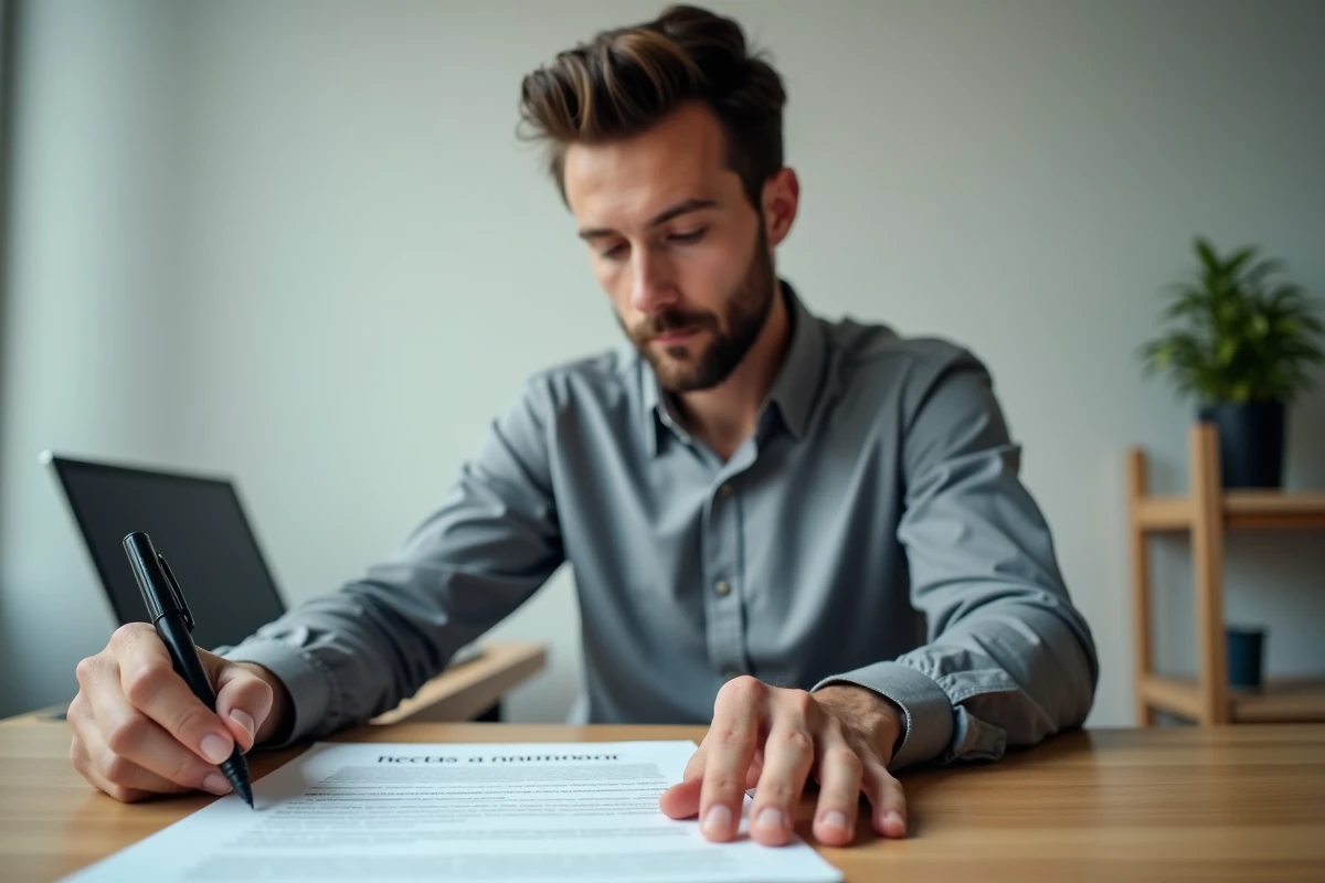 Employé signant un document de rupture conventionnelle à son bureau, stylo en main sur un accord formel