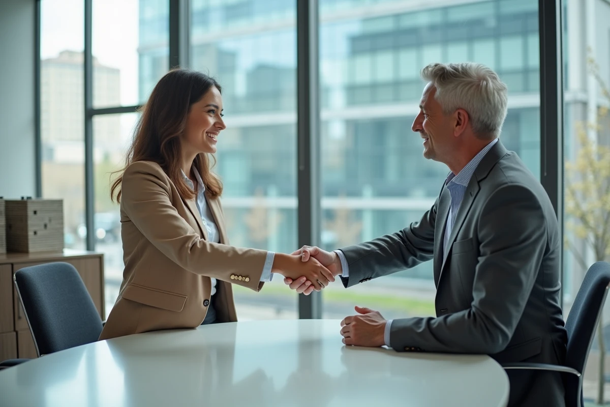 Signature d'un bail commercial entre une commerçante et un propriétaire dans une agence immobilière moderne