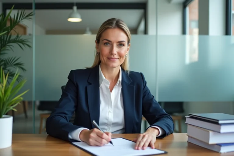 Femme professionnelle signant un contrat à durée déterminée dans un bureau moderne