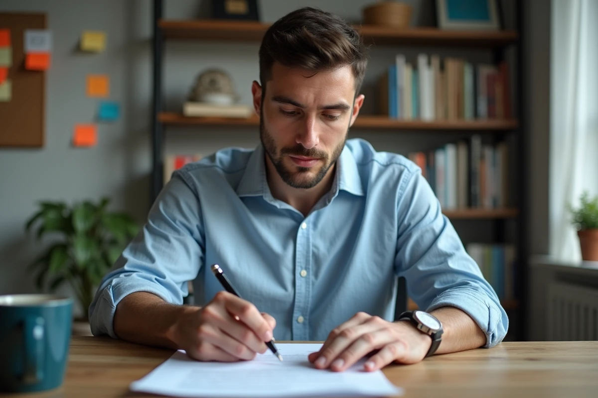 Salarié signant des documents relatifs à une rupture conventionnelle à son bureau à domicile