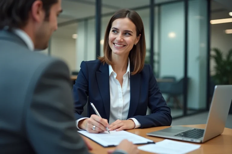 Femme professionnelle signant une promesse d'embauche face à un recruteur dans un bureau moderne