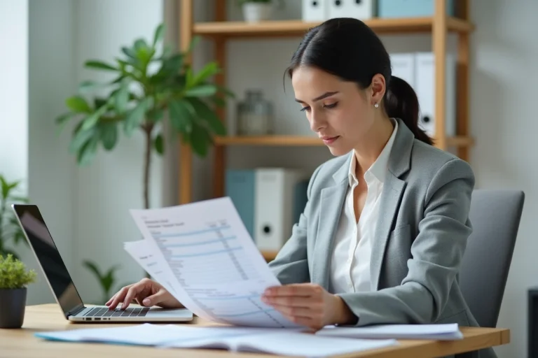 Femme consultante en blazer gris analysant des fiches de paie et des cotisations sociales à son bureau avec un ordinateur portable