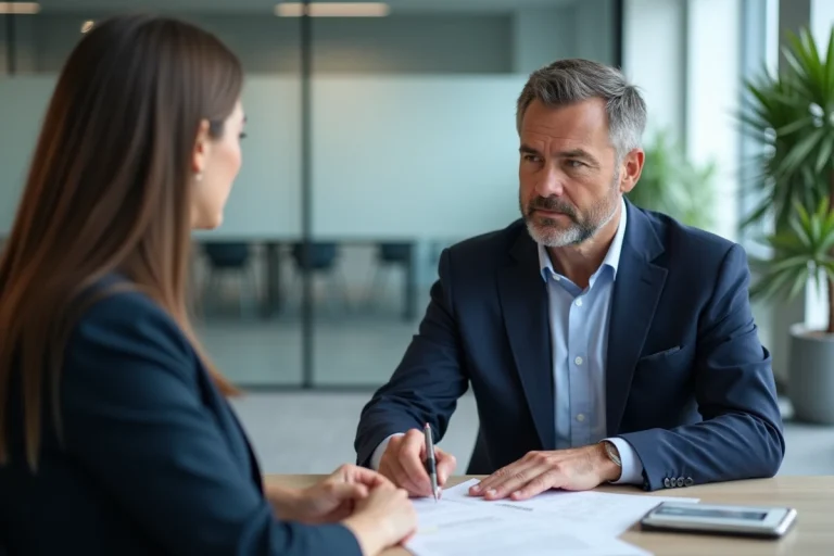 Employé et responsable RH examinant un document de rupture conventionnelle dans un bureau moderne