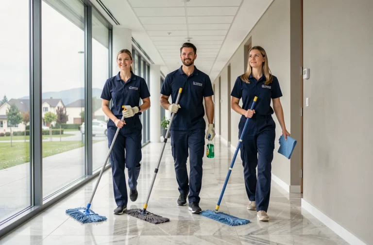 Équipe de nettoyage professionnelle en uniforme marchant dans un couloir commercial moderne en Essonne
